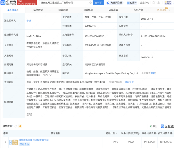 鑫恒盈配资  雄安航天卫星超级工厂公司注册成立
